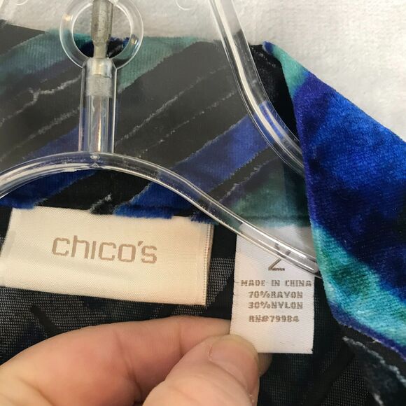 Chicos Cardigan Womens Large Blue Black Velvet Semi Sheer Open Front Chicos 2 - Picture 7 of 11